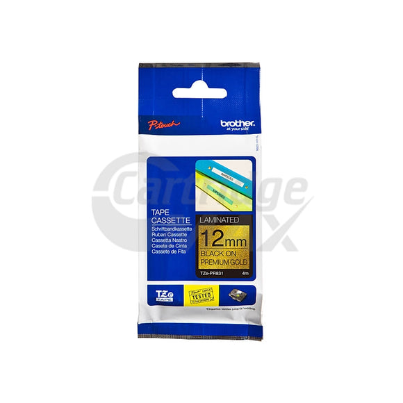 Brother TZe-PR831 Original 12mm Black Text on Premium Gold Laminated Tape - 4 metres