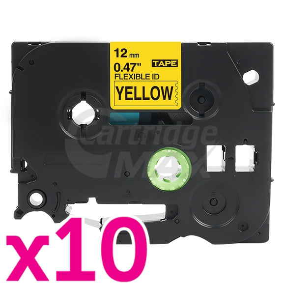 10 x Brother TZe-FX631 Generic 12mm Black Text on Yellow Flexible ID Laminated Tape - 8 metres