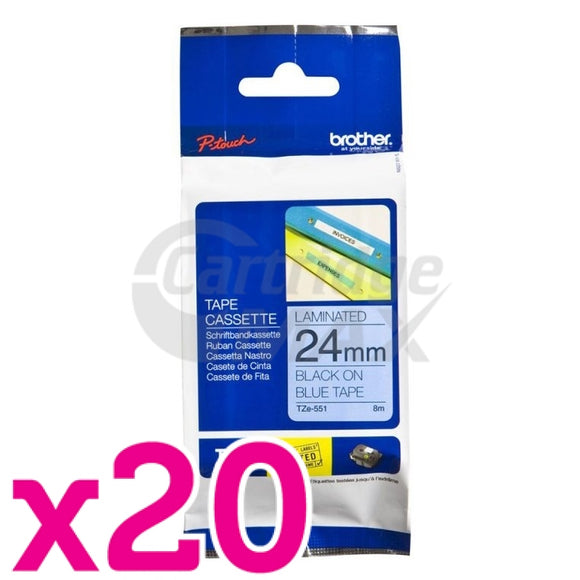 20 x Original Brother TZe-551 24mm Black Text on Blue Laminated Tape - 8 meters