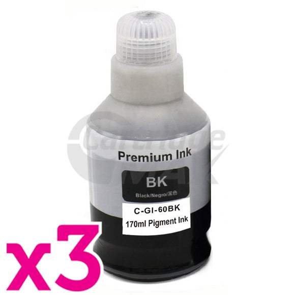 3 x Generic Canon GI60PGBK Black Ink Bottle 170ML
