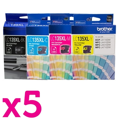 20 Pack Original Brother LC-139XL/LC-135XL High Yield Ink Combo [5BK+5C+5M+5Y]