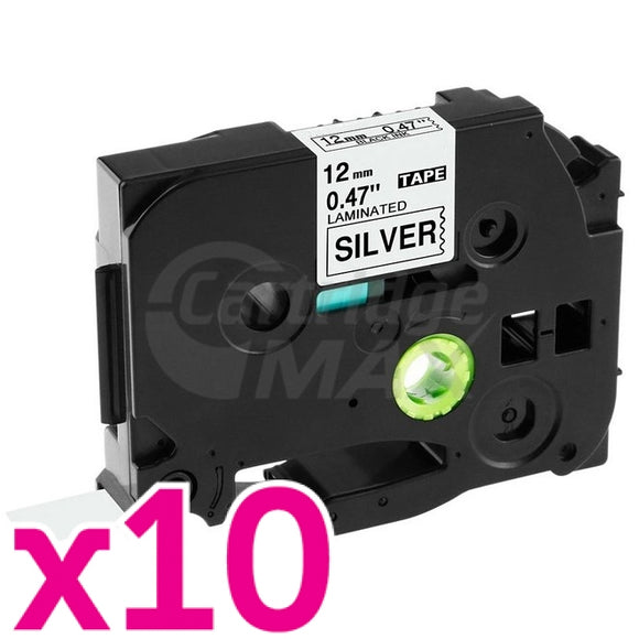 10 x Brother TZe-931 Generic 12mm Black Text on Silver Laminated Tape - 8 meters