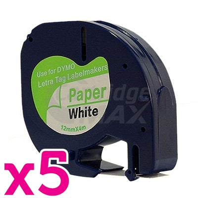 5 x Dymo SD91200 Generic 12mm x 4m Black on White LetraTag Label Paper Tape