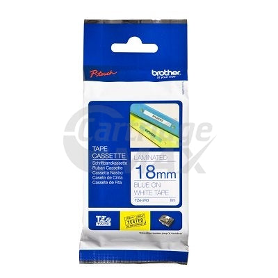 Brother TZe-243 Original 18mm Blue Text on White Laminated Tape - 8 meters