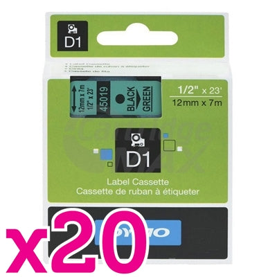 20 x Dymo SD45019 / S0720590 Original 12mm Black Text on Green Label Cassette - 7 meters