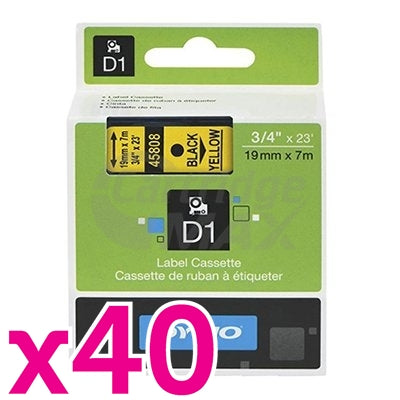 40 x Dymo SD45808 / S0720880 Original 19mm Black Text on Yellow Label Cassette - 7 meters