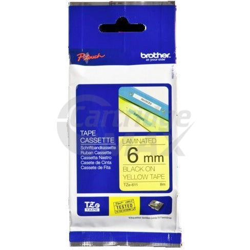 Brother TZe-611 Original 6mm Black Text on Yellow Laminated Tape - 8 meters