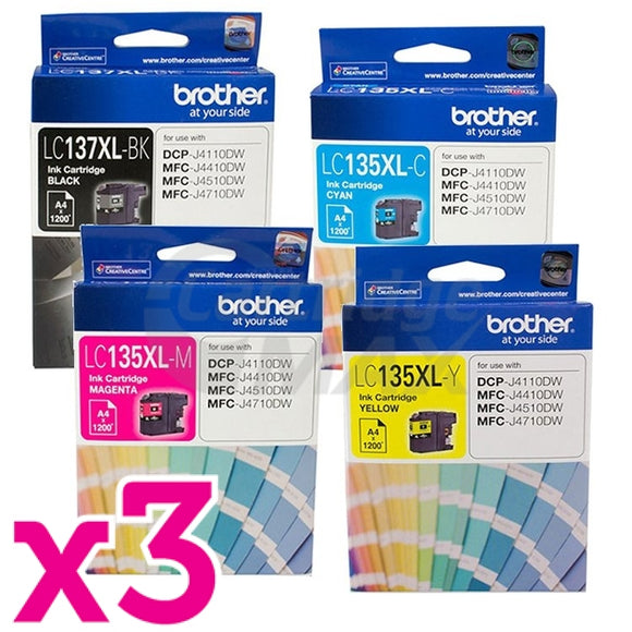 12 Pack Original Brother LC-137XL/LC-135XL High Yield Ink Combo [3BK+3C+3M+3Y]