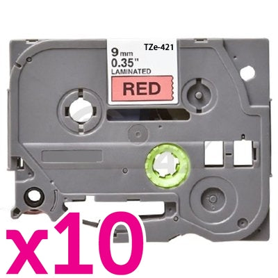 10 x Brother TZe-421 Generic 9mm Black Text on Red Laminated Tape - 8 meters