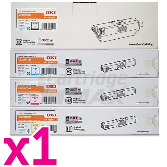 4 Pack Original OKI C332DN / MC363DN Toner Combo (46508720-46508717) [1BK,1C,1M,1Y]