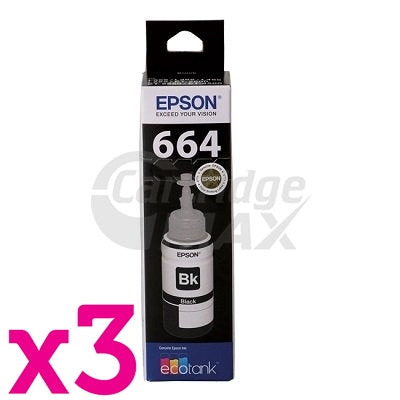 3 x Original Epson T664 EcoTank Black Ink Bottle