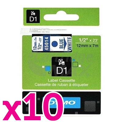 10 x Dymo SD45014 / S0720540 Original 12mm Blue Text on White Label Cassette - 7 meters