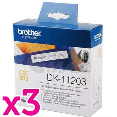 3 x Brother DK-11203 Original Black Text on White Die-Cut Paper Label Roll 17mm x 87mm - 300 labels per roll