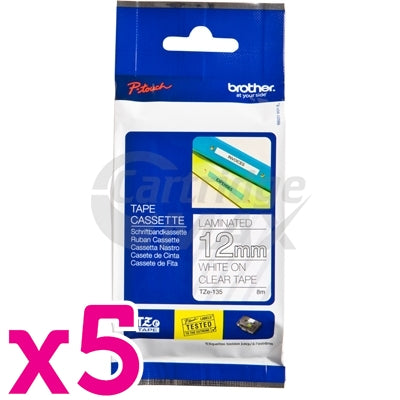 5 x Brother TZe-135 Original 12mm White Text on Clear Laminated Tape - 8 meters