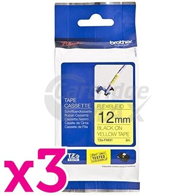 3 x Brother TZe-FX631 Original 12mm Black Text on Yellow Flexible ID Laminated Tape - 8 metres