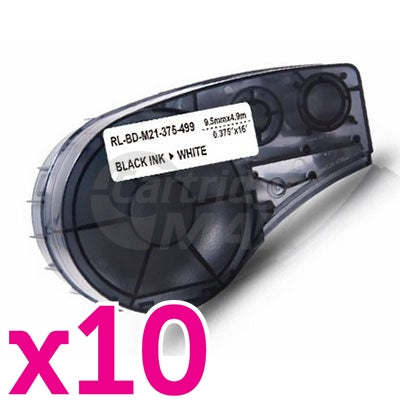 10 x Generic Brady M21-375-499 Black on White Nylon Label Tape 9.5mm x 4.9m