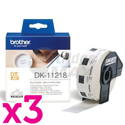 3 x Brother DK-11218 Original Black Text on White 24mm Diameter Die-Cut Paper Label Roll - 1000 labels per roll