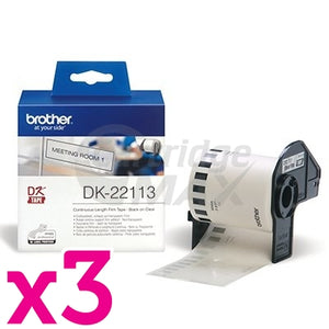 3 x Brother DK-22113 Original Black Text on Clear Continuous Film Label Roll 62mm x 15.24m