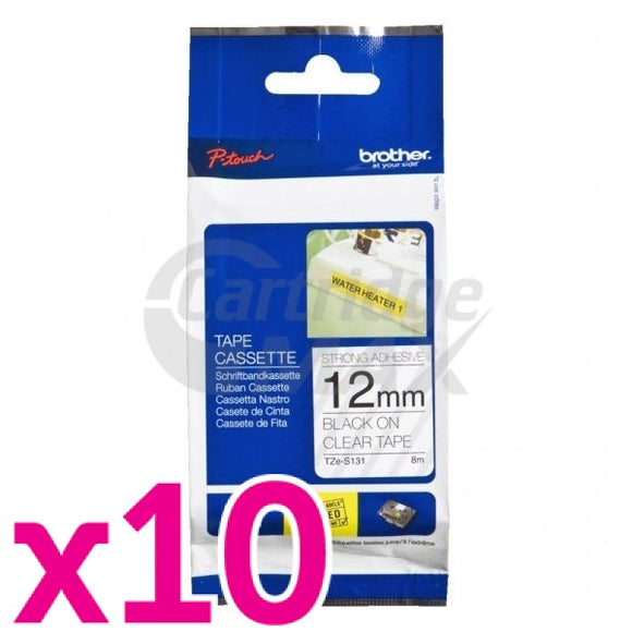 10 x Brother TZe-S131 Original 12mm Black Text on Clear Strong Adhesive Tape - 8 metres
