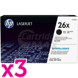 3 x HP CF226X (26X) Original Black Toner Cartridge - 9,000 Pages