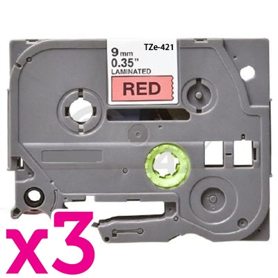 3 x Brother TZe-421 Generic 9mm Black Text on Red Laminated Tape - 8 meters
