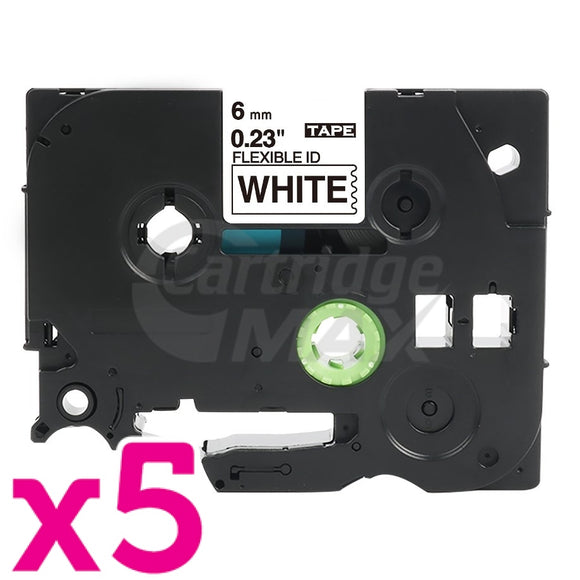 5 x Brother TZe-FX211 Generic 6mm Black Text on White Flexible ID Laminated Tape - 8 metres