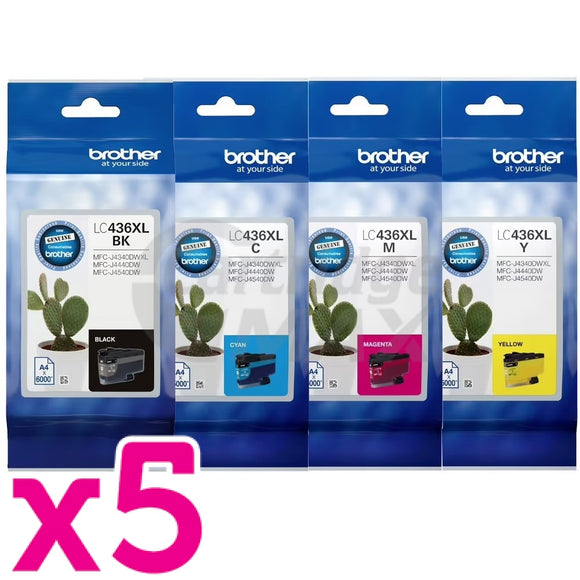 20 Pack Brother LC-436XL Original High Yield Ink Cartridges Combo [5BK, 5C, 5M, 5Y]