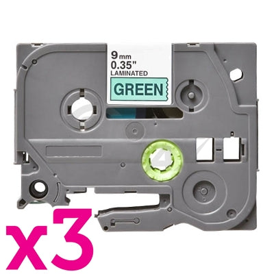 3 x Brother TZe-721 Generic 9mm Black Text on Green Laminated Tape - 8 meters