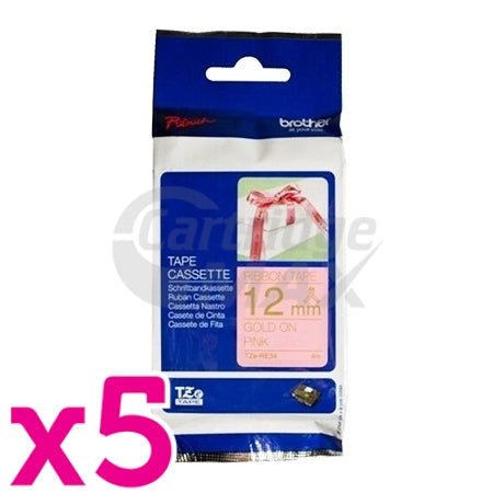 5 x Brother TZe-RE34 Original 12mm Gold Text on Pink Ribbon Tape - 4 metres