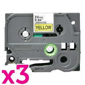 3 x Brother TZe-651 Generic 24mm Black Text on Yellow Laminated Tape - 8 meters