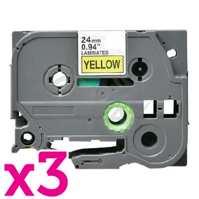 3 x Brother TZe-651 Generic 24mm Black Text on Yellow Laminated Tape - 8 meters