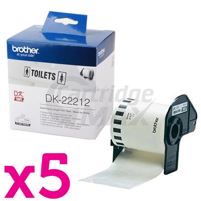 5 x Brother DK-22212 Original Black Text on White Continuous Film Label Roll 62mm x 15.24m