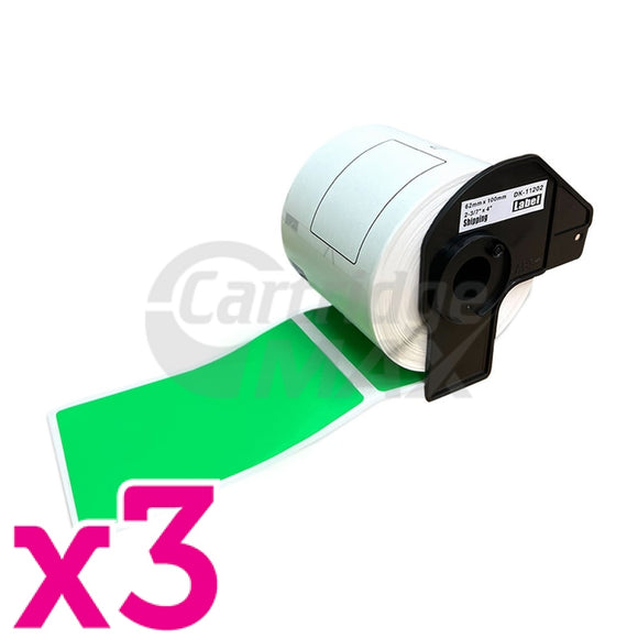 3 x Brother DK-11202 Generic Black Text on Green Die-Cut Paper Label Roll 62mm x 100mm - 300 labels per roll