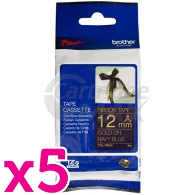 5 x Brother TZe-RN34 Original 12mm Gold Text on Navy Blue Ribbon Tape - 4 metres