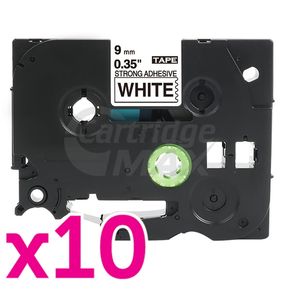 10 x Brother TZe-S221 Generic 9mm Black Text on White Strong Adhesive Laminated Tape - 8 metres