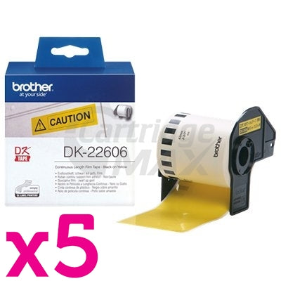 5 x Brother DK-22606 Original Black Text on Yellow Continuous Film Label Roll 62mm x 15.24m