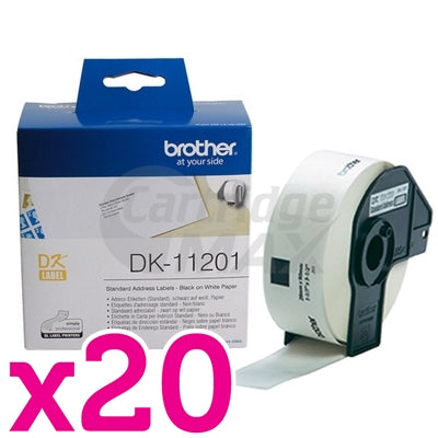 20 x Brother DK-11201 Original Black Text on White 29mm x 90mm Die-Cut Paper Label Roll - 400 labels per roll
