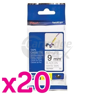 20 x Brother TZe-FX221 Original 9mm Black Text on White Flexible Tape - 8 metres