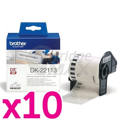 10 x Brother DK-22113 Original Black Text on Clear Continuous Film Label Roll 62mm x 15.24m