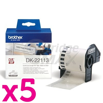 5 x Brother DK-22113 Original Black Text on Clear Continuous Film Label Roll 62mm x 15.24m