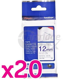 20 x Brother TZe-FA3 Original 12mm Blue Text on White Fabric Tape - 3 meters