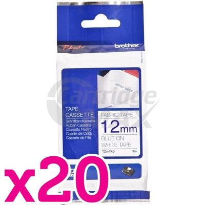 20 x Brother TZe-FA3 Original 12mm Blue Text on White Fabric Tape - 3 meters