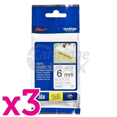 3 x Brother TZe-S211 Original 6mm Black Text on White Strong Adhesive Laminated Tape - 8 metres