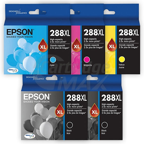 5 Pack Epson 288XL Original High Yield Inkjet Cartridges Combo [2BK,1C,1M,1Y]