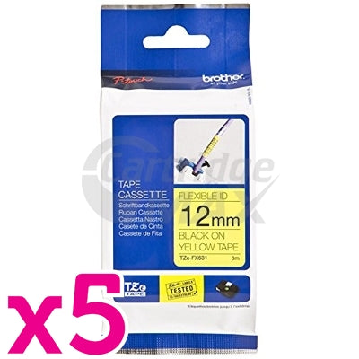 5 x Brother TZe-FX631 Original 12mm Black Text on Yellow Flexible ID Laminated Tape - 8 metres
