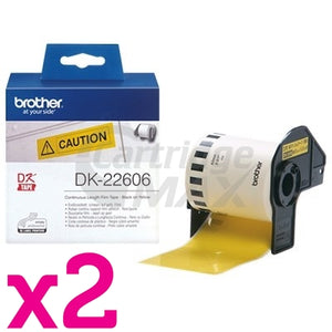 2 x Brother DK-22606 Original Black Text on Yellow Continuous Film Label Roll 62mm x 15.24m