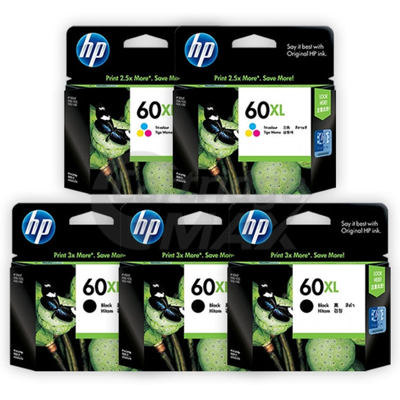 5 Pack HP 60XL Original Inkjet Cartridges CC641WA + CC644WA [3BK,2CL]