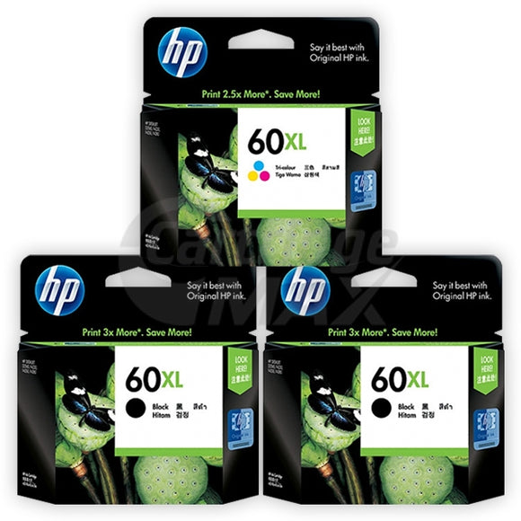 3 Pack HP 60XL Original Inkjet Cartridges CC641WA + CC644WA [2BK,1CL]