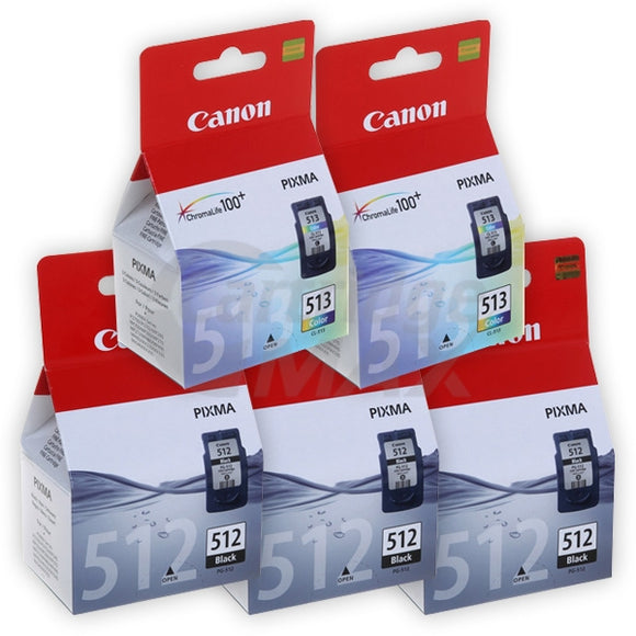 5 Pack Canon PG-512 CL-513 Original High Yield Inkjets [3BK,2C]