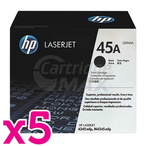 5 x HP Q5945A (45A) Original Black Toner Cartridge - 18,000 Pages